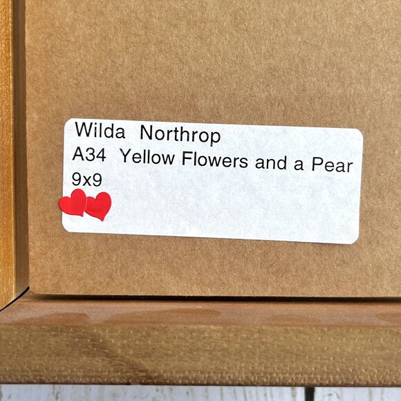 Fabric Collage by Wilda Northrop Yellow Flowers & Pear Signed Textile Art Floral - Picture 12 of 16